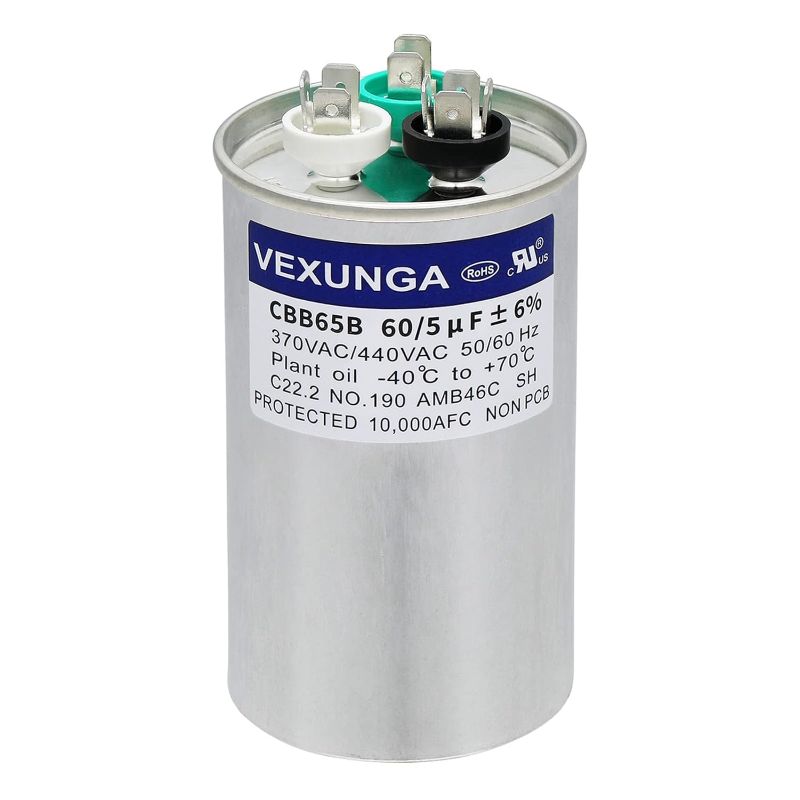 Photo 1 of 60/5 uF 60+5 MFD 370VAC or 440VAC Dual Run Start Round A/C Capacitor CBB65 CBB65B Air Conditioner Capacitors for AC Unit Fan Motor Start or Heat Pump or Condenser Straight Cool
