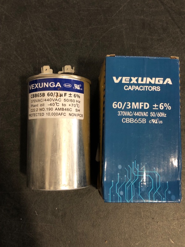 Photo 1 of 60/5 uF 60+5 MFD 370VAC or 440VAC Dual Run Start Round A/C Capacitor CBB65 CBB65B Air Conditioner Capacitors for AC Unit Fan Motor Start or Heat Pump or Condenser Straight Cool
