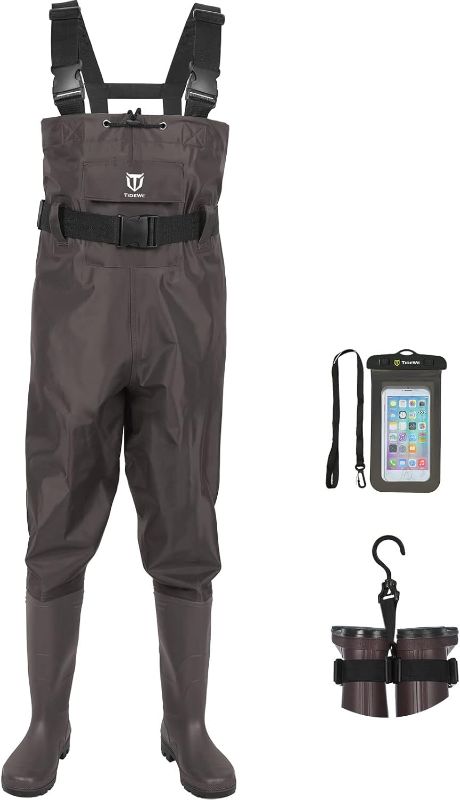 Photo 1 of (M6/W8) TIDEWE Bootfoot Chest Wader, 2-Ply Nylon/PVC Waterproof Fishing Hunting Waders with Boot Hanger for Men Women Green Brown
