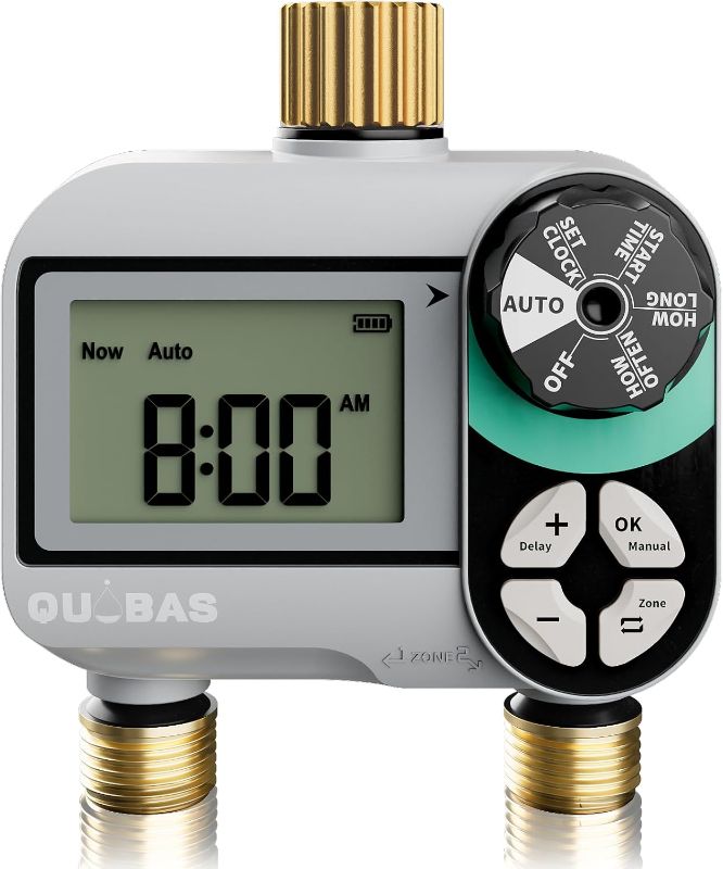 Photo 1 of QUOBAS 2 Zone Sprinkler Timer with Brass Inlet & Outlet, Programmable Water Timer for Garden Hose with Rain Delay/Manual Watering/Automatic Irrigation Controller System for Yard, Lawn
