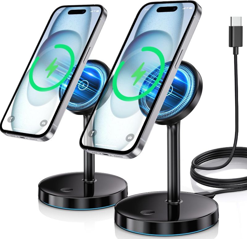 Photo 1 of 2 Pack Mag-Safe Charger Stand 15W Magnetic Wireless Charging Station for iPhone 16 15 14 13 12 Pro/Pro Max/Plus/Mini Magnet Wireless Charging Station/Pad with LED Light for AirPods 3/2/Pro/Pro 2
