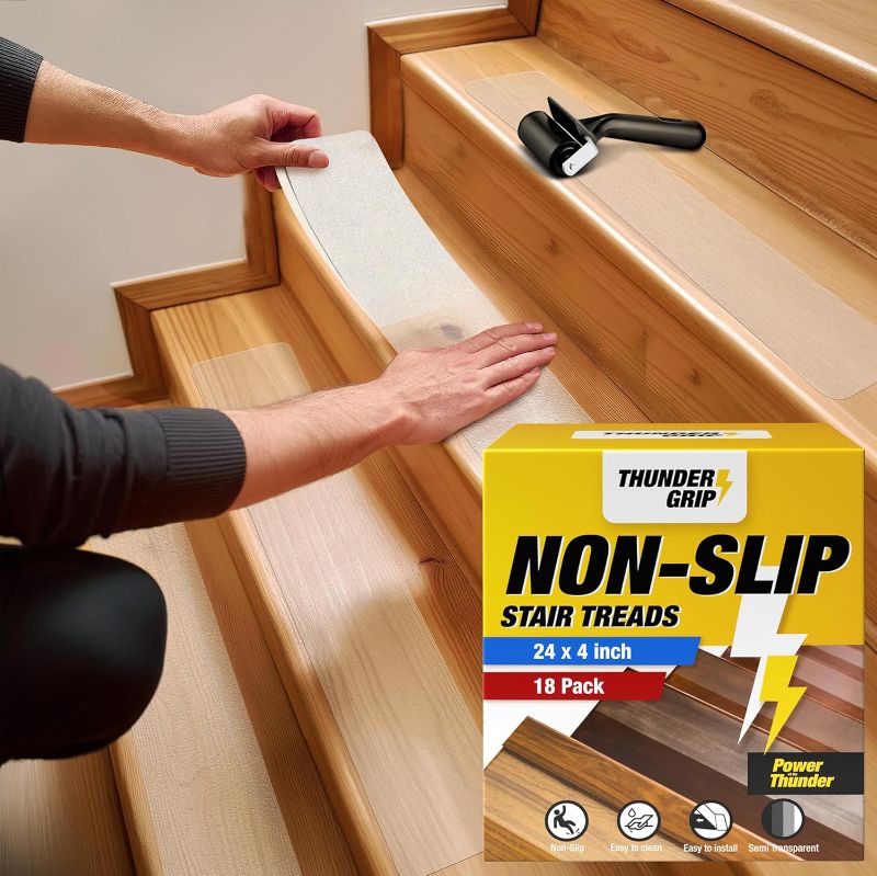 Photo 1 of 24"x4" Clear Non-Slip Stair Treads for Wooden Steps (18-Pack) - Self Adhesive Strips - Transparent Indoor
