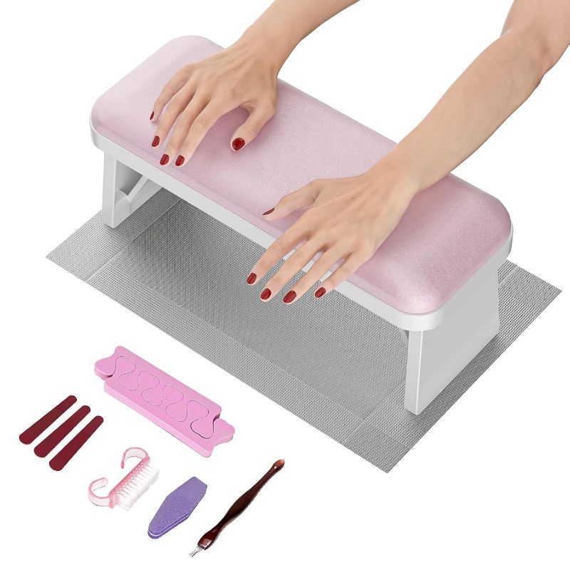 Photo 1 of Nail Arm Rest,Foldable Manicure Hand Rest,PU Leather Nail Hand Pillow for Acrylic Nails Cushion,Nail Arm Rest for Nail Tech Manicure Salon Home,Pink
