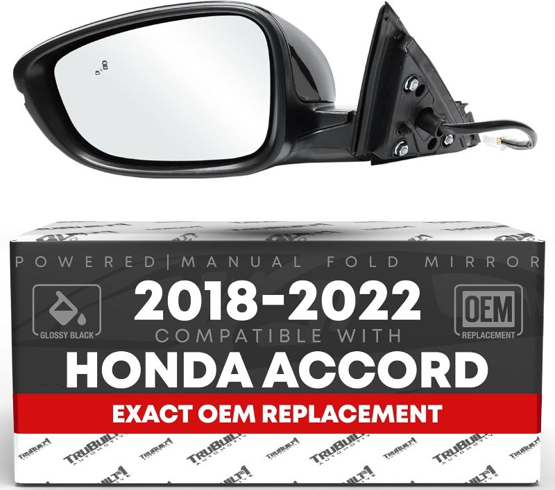 Photo 1 of *Minor Damage * Driver Side Mirror Replacement - Compatible with 2018-2022 Honda Accord - Powered Adjustment, Manual Fold, Heated, Turn Signal, Flat Glass - Smooth Black, 18H8P - OEM 76258TVAA42, 76251TVAA31ZJ, HO132
