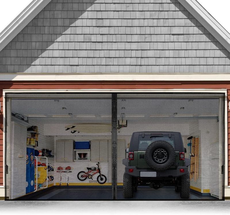 Photo 1 of Garage Door Screen for 1 Car 10x7FT, Magnetic Screen Garage with Retractable Fiberglass Mesh and Heavy Duty Weighted Bottom, Easy Assembly & Pass, Hands Free Screen Door w/ 36 Magnets for Garage/Patio
