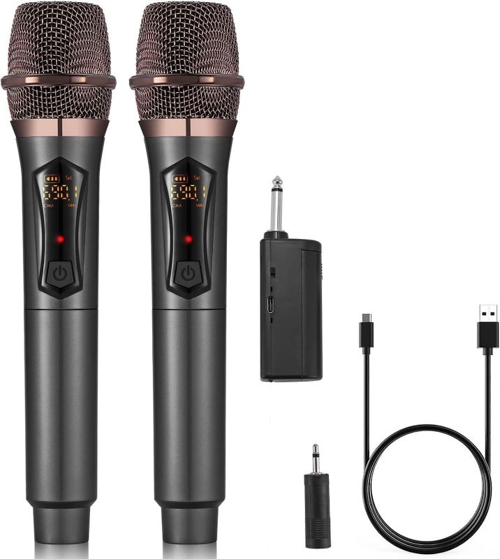 Photo 1 of ALPOWL Wireless Microphones, Metal Dynamic Microphone System with Rechargeable Receiver, 50H Duration, 200ft Range, Microphone for Karaoke Singing, Wedding, DJ, Party, Speech, Church
