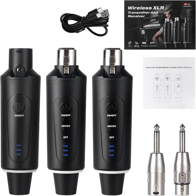 Photo 1 of XLR Wireless Microphone System, Wireless Guitar Transmitter Receiver Plug-on for Dynamic and 48V Condenser Microphones, Audio Mixer, with 48V Phantom Power and Reverb Switch (2 transmitter,1 receiver)

