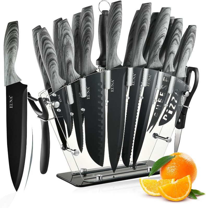 Photo 1 of EUNA Knife Block Set, 19 PCS Kitchen Knife Set with Acrylic Block and Sharpener, German High-Carbon Stainless Steel Knife Sets with 6 Serrated Steak Knives, Bread Knife, Chef Knife, Dishwasher Safe
