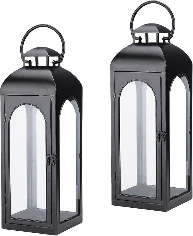 Photo 1 of 2 Pack Luxury Modern Lanterns Decorative Tall 16 Inches Black Metal Hurricane Lanterns with Clear Glass Panels for Front Porch,Table Top, Mantle, Wall Hanging, or Garden Display, Indoor & Outdoor Use
