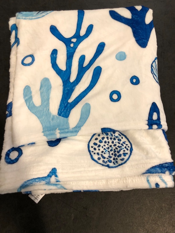 Photo 1 of Nautical Starfish Coral Fleece Blanket,50x60in,Blue Seashell Ocean Elements Throw Coastal Beach White Blankets,Soft Cozy Lightweight, Ideal for Bed Living Room Home Decor,Adults Gifts
