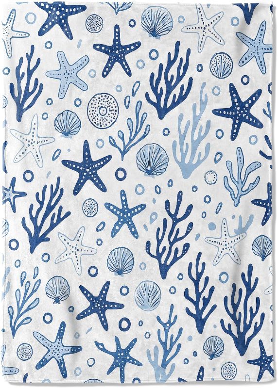 Photo 1 of Nautical Starfish Coral Fleece Blanket,50x60in,Blue Seashell Ocean Elements Throw Coastal Beach White Blankets,Soft Cozy Lightweight, Ideal for Bed Living Room Home Decor,Adults Gifts
