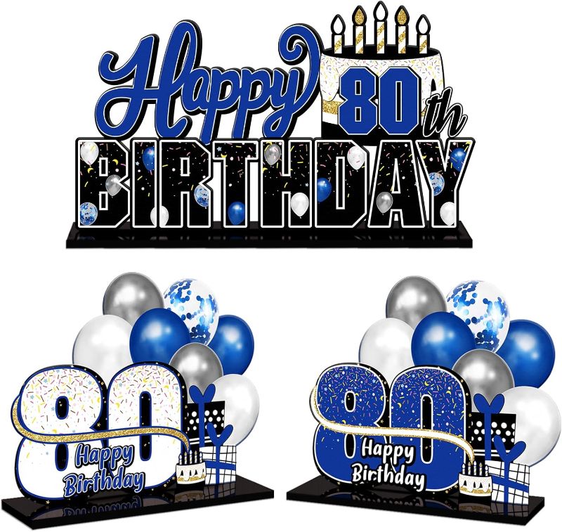 Photo 1 of LINGTEER Happy 80th Birthday Blue Acrylic Table Topper Centerpieces Set - Cheers to Eighty Years Old Birthday 80th Bday Party Gift Decorations.
