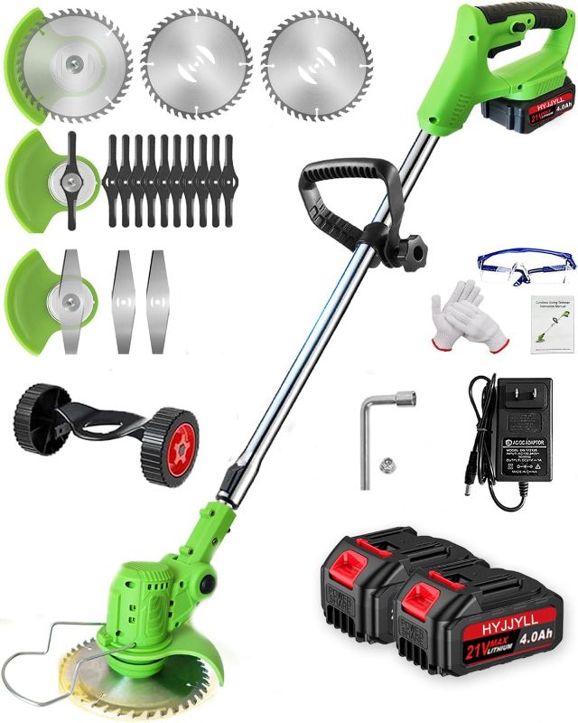 Photo 1 of Wacker, 21V Electric Cordless Weed Eater 3Types Blades and 2×4.0Ah Battery Powered, Adjustable Cutting Angle & Height,3 in 1Stringless Grass Trimmer/Lawn Edger/Brush Cutter, for Lawn Yard Garden