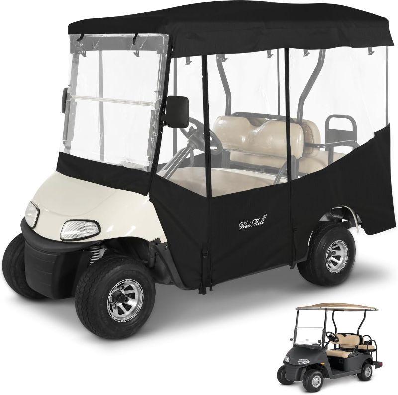 Photo 1 of Golf Cart Enclosure 4 Passenger for EZGO RXV 2+2 Enclosure Waterproof Windproof Driving Rain Cover Fit 4-Seater Long Roof with 4-Sided Clear Windows Mirror Openings Roll-up Zipper Door Black
