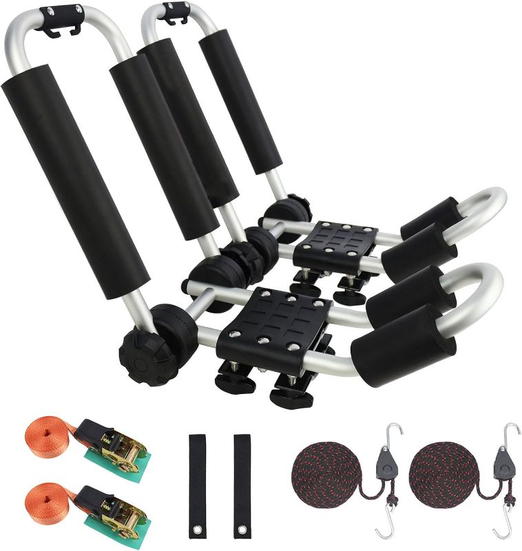 Photo 1 of Upgraded Universal Folding Kayak Rack, J-Bar Carrier for Canoe Boat SUP Ski, Mount on Car Roof Top Crossbar, Includes 4 Ratchet Straps, 2 Anchor Straps (1 Pair, Aluminum)

