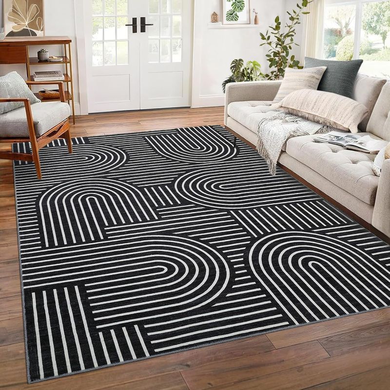 Photo 1 of Washable Rug 8x10 Area Rugs for Living Room, Abstract Rug for Bedroom, Soft Rainbow Non Slip Throw Rugs with Rubber Back, Low Pile Stain Resistant Boho Geometric Carpet for Dining Room, Black
