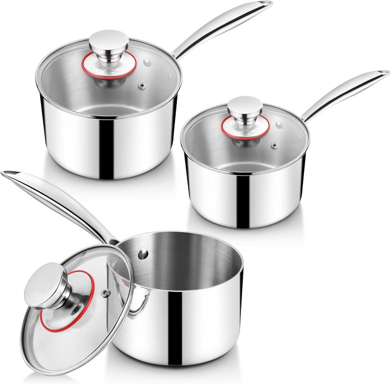 Photo 1 of Saucepan Set of 6, Homikit 1QT & 2QT & 3QT 18/10 Stainless Steel Sauce Pans with Lids, Nonstick Tri-Ply Bottom Induction Compatible Small Cooking Pot kitchen Cookware Set, Dishwasher & Oven Safe
