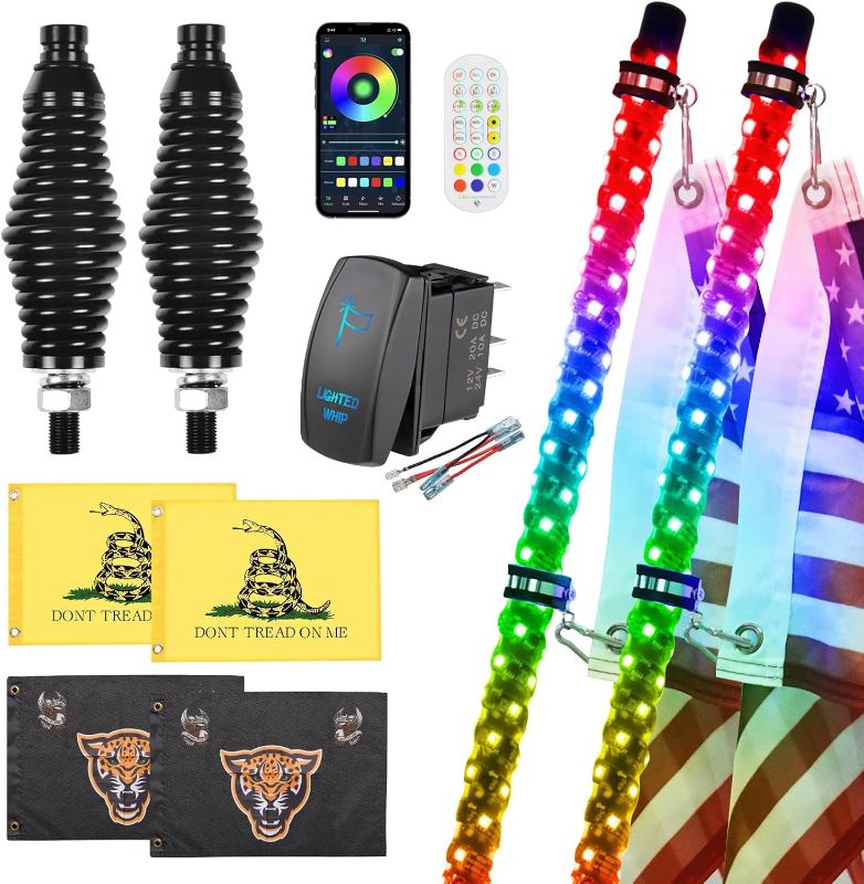 Photo 1 of 2 Pack 4FT Whip Lights with Spring Base,LED Whip Light with App & Remote Control, Spiral RGB Chasing Lighted Whips with Rocker Switch, Music Whip Light for UTV ATV Polaris RZR Can-Am SXS Truck
