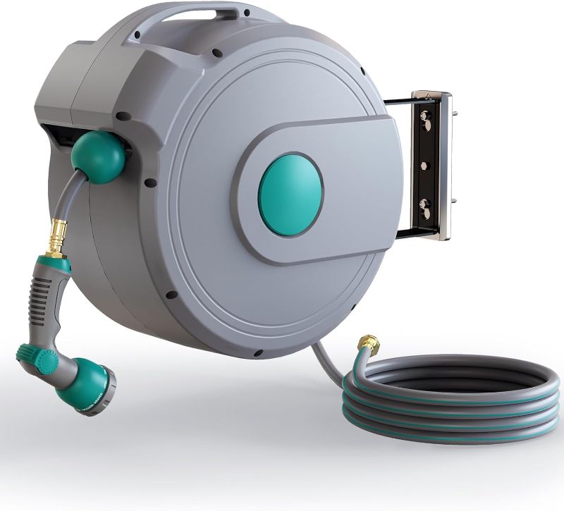 Photo 1 of Retractable Garden Hose Reel,1/2 in x 100 ft Wall Mounted Hose Reel, with 10- Function Sprayer Nozzle, Any Length Lock/Slow Return System/Wall Mounted/180°Swivel Bracket (Grey)
