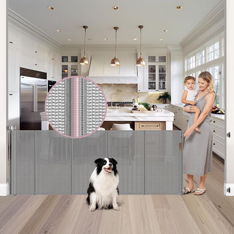 Photo 1 of Reinforced 72" Wide Retractable Dog Gate with Support Rods - Prevent Crawling Under Extra Wide Baby Gate Retractable Gate Outdoor, Retractable Pet Gate Long Dog Gate, Mesh Gates for Kids or Pets, Gray
