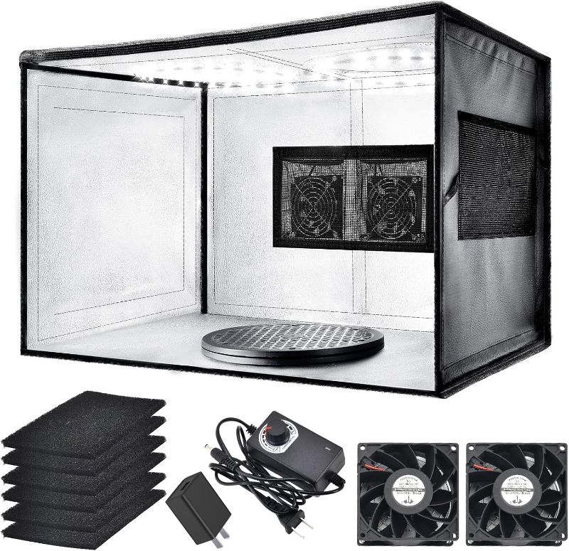Photo 1 of Airbrush Spray Booth with Dual Exhaust Fans,Portable Airbrush Paint Booth for Airbrushing,2 Round Led Lights with 360° Coverage,Turntable and Extension Hose,Hobby Spray Booth Kit for Painting Model
