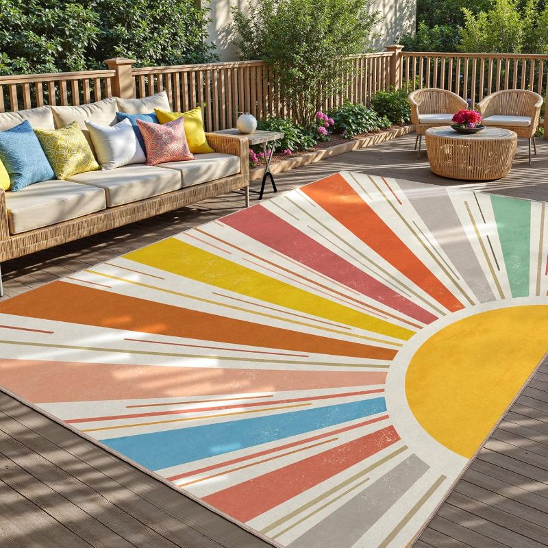 Photo 1 of Multicolored Outdoor Indoor Area Rug Boho Sun Rainbow Washable Outdoor 8x10 Patio Rugs Medieval Aesthetic Vintage Abstract Art Non-Slip Carpet for Living Room, Patio, Porch, Pool Deck (8x10)
