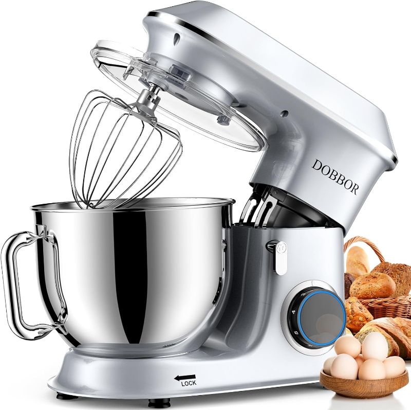 Photo 1 of DOBBOR Electric Stand mixer, 9.5QT 660W 6 Speeds Tilt-Head Dough Mixers, Bread Mixer with Dough Hook, Whisk, Beater, Splash Guard for Baking Bread, Cake, Cookie, Pizza, Muffin, Salad and More - Sliver
