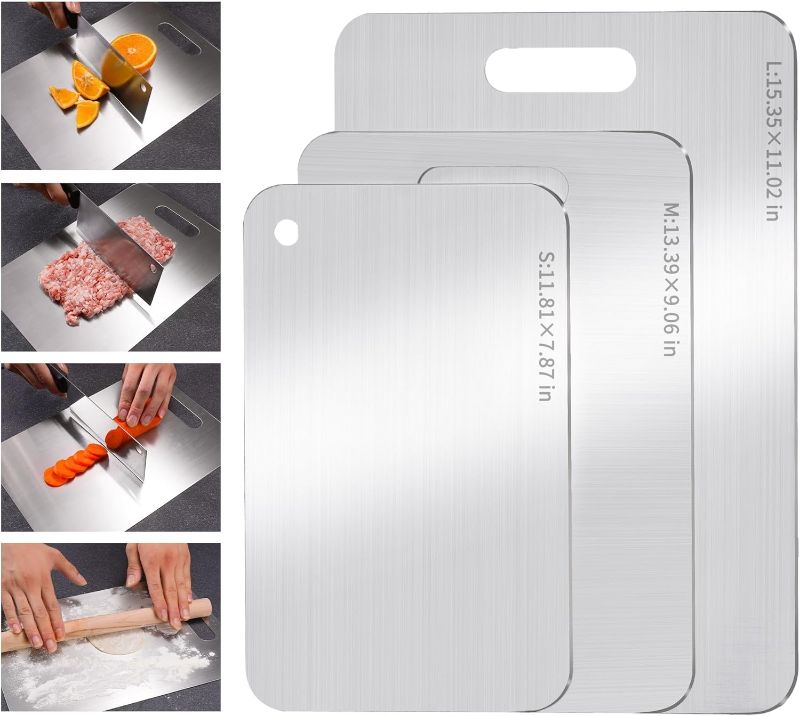 Photo 1 of Stainless Steel Cutting Board, 3 PCS Cutting Boards for Kitchen, 304 Stainless Non Stick Chopping Cutting Board for Meat Fruit & Vegetable, Dishwasher Safe (15.3 x 11, 13.4 x 9, 11.8 x 7.9 in)
