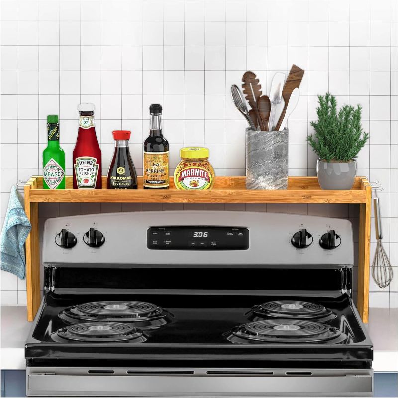 Photo 1 of IIIOIIIA Bamboo Over The Stove Spice Shelf for Kitchen Storage, 31.5" Kitchen Spice Rack Organizer Stove Top Shelf with 6 Hooks, 11.4" Height Extra Storage Countertop, Easy to Assemble
