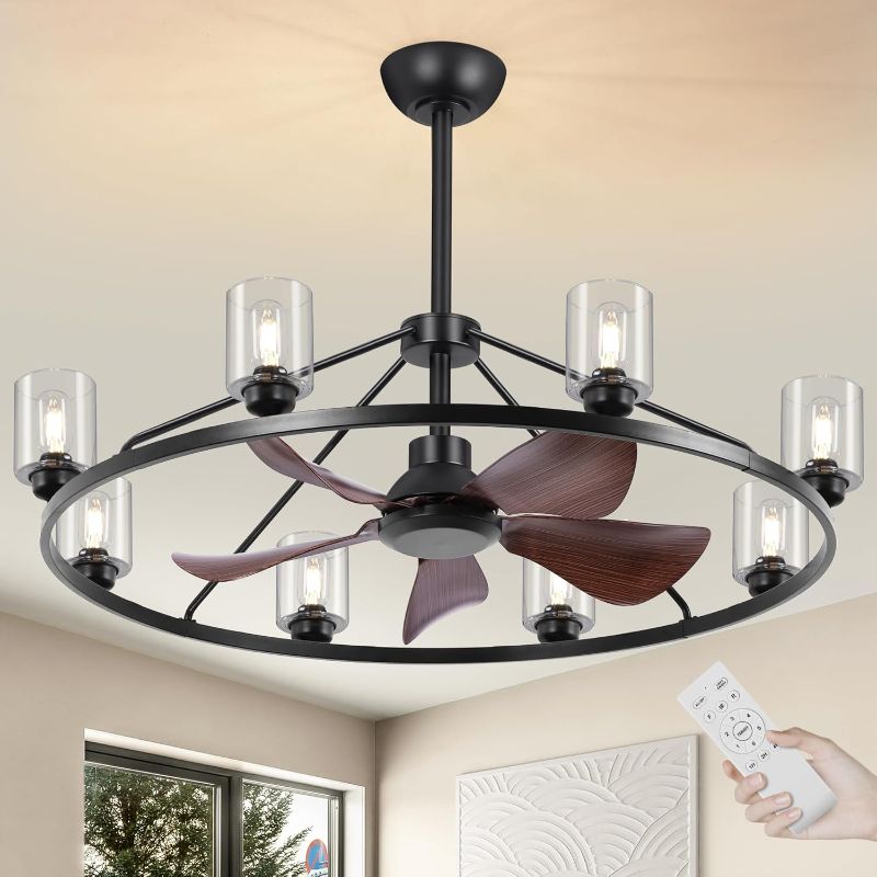 Photo 1 of 44" Black Walnut Wagon Wheel Chandelier Ceiling Fan with Light, Large Farmhouse Fandelier Fans with Glass Lampshade, Adjustable, Large Rustic Light Fixture with Fans for Dining Room Living Room
