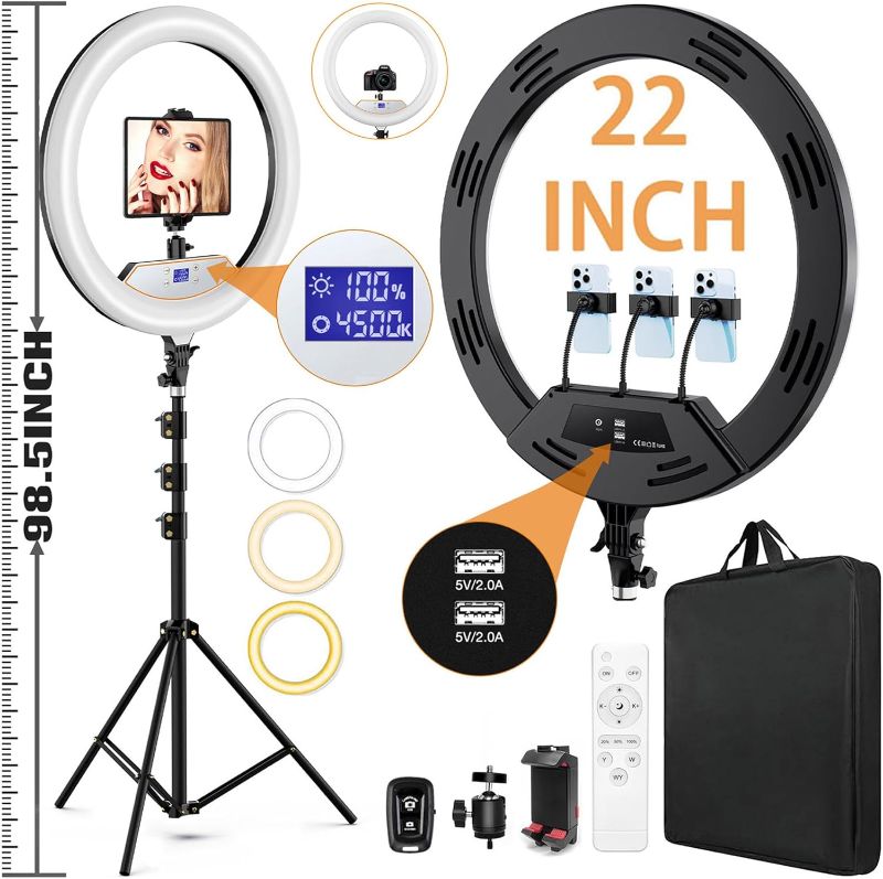 Photo 1 of Light Only** 22"Ring Light with Stand,Ring Light Tripod for iPhone ipad,with 75"Tripod/LCD Display/4 ipad iPhone Clips/2 USB Ports,2600K-6500K Color Temperature,for Barber Makeup Tattoo TikTok Video Recording Vlog
