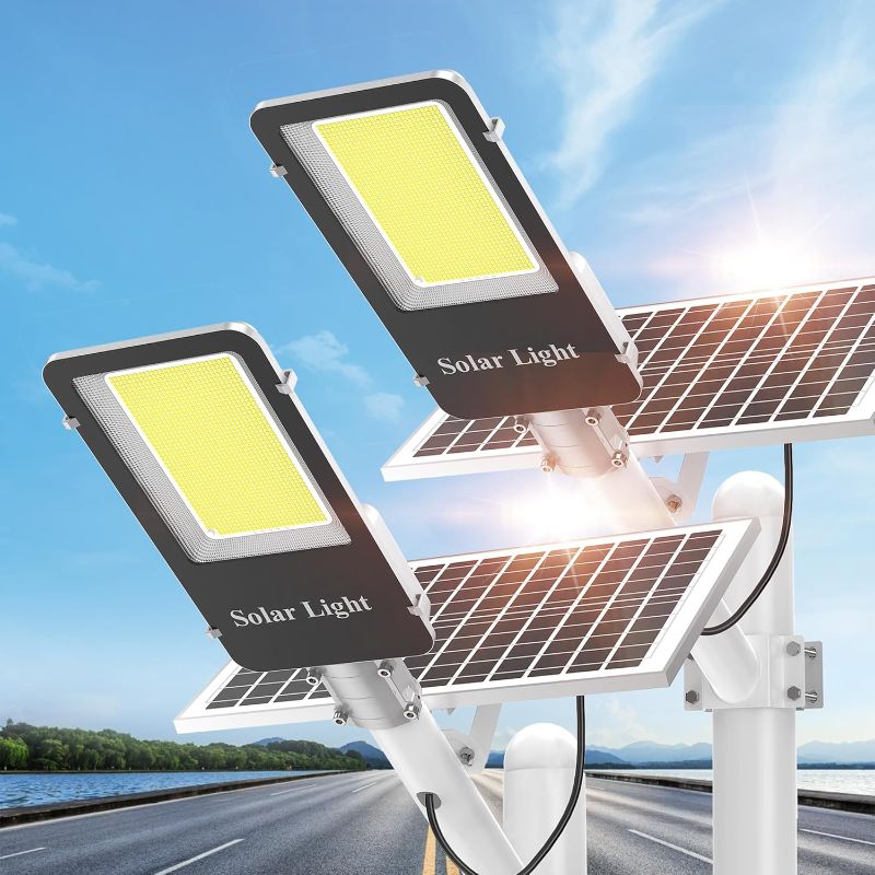 Photo 1 of Solar Street Lights Outdoor Waterproof - 8000W Solar Lights Outdoor Dusk to Dawn Parking Lot Light Commercial, 7000K LED Street Light Powered Flood Security Heavy Duty for Yard, Outside(2 Pack)
