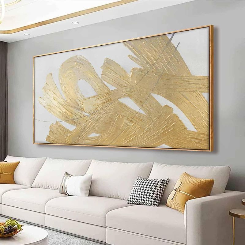 Photo 1 of XIANSHOU Gold and White Canvas Wall Art Abstract Wall Artwork Neutral Wall Decor 36"x70" Large Canvas Painting for Living Room Office
