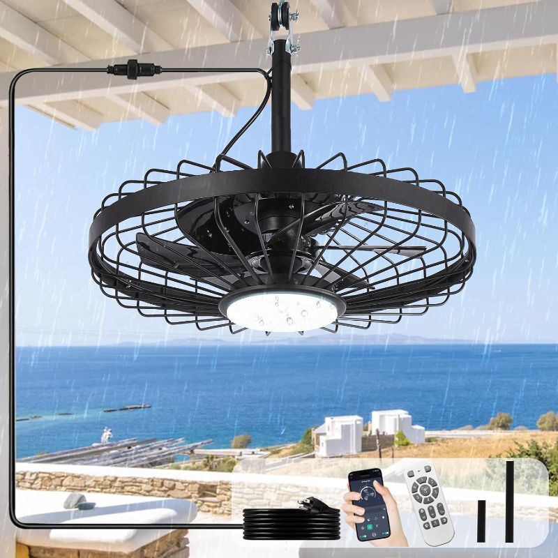 Photo 1 of Depuley Outdoor Ceiling Fan with Light: 20 Inch Waterproof Gazebo Fans with Lights Outdoor Hanging - Plug in Remote App Control Caged Fans for Patios Pergola Porch Canopy - 6 Speed Black
