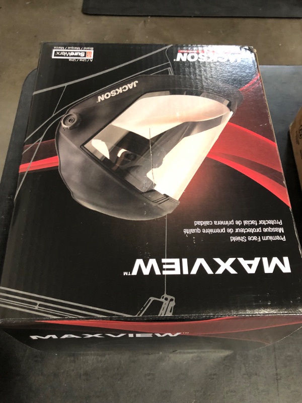 Photo 1 of Jackson Safety Lightweight MAXVIEW Premium Face Shield - Mask with 370 Speed Dial Ratcheting Headgear, ANSI Z87.1, for Work, Grinding, Cutting - Anti Fog Coating - Clear Tint

