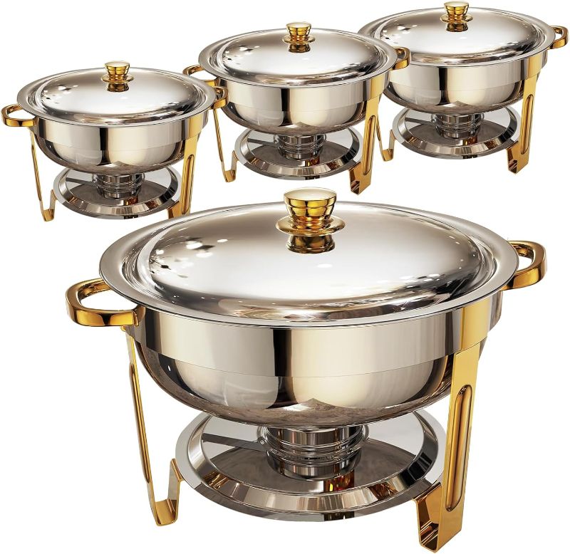 Photo 1 of Chafing Dishes for Buffet 4 Pack, 6QT Round Chafing Dish Buffet Set Stainless Steel Buffet Food Warmers Sets for Catering Events Parties Dinners with Complete Set,Gold and Silver
