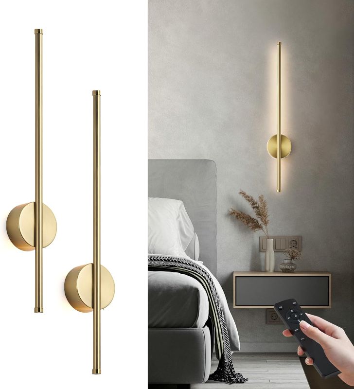 Photo 1 of Battery Operated Modern Wall Sconces, Dimmable Wireless Wall Light Set of Two with Remote Control, 3 Color Temperatures, Rechargeable LED Wall Sconce for Bedroom, Living Room, Hallway, 23.6 Inch Brass
