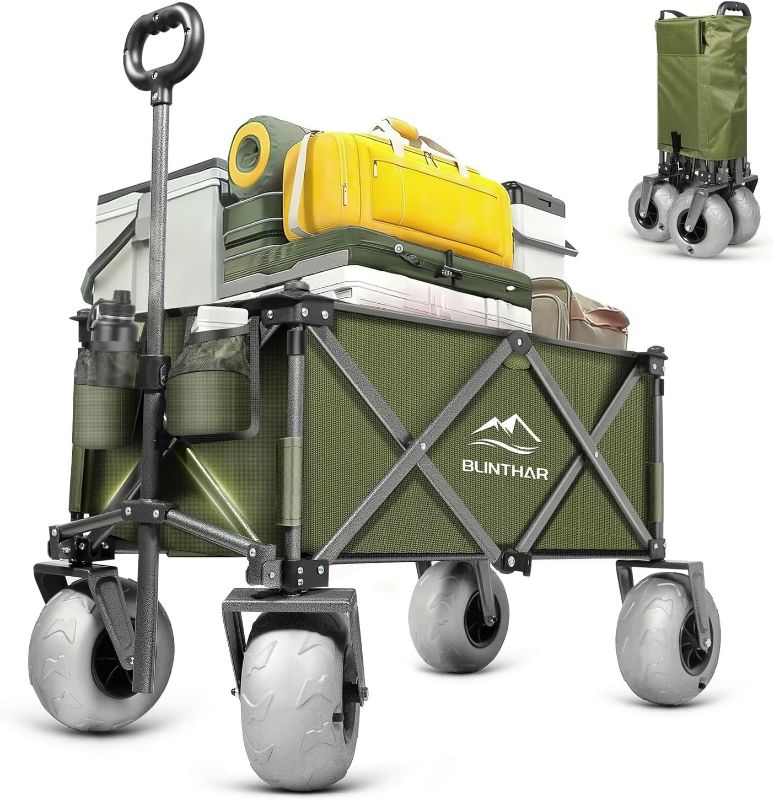 Photo 1 of Beach Wagon, Heavy Duty Collapsible Folding Wagon with All-Terrain 9" Pneumatic Tires & Drink Holders, Utility Grocery Wagon for Garden Sports Camping Outdoor Activities Green

