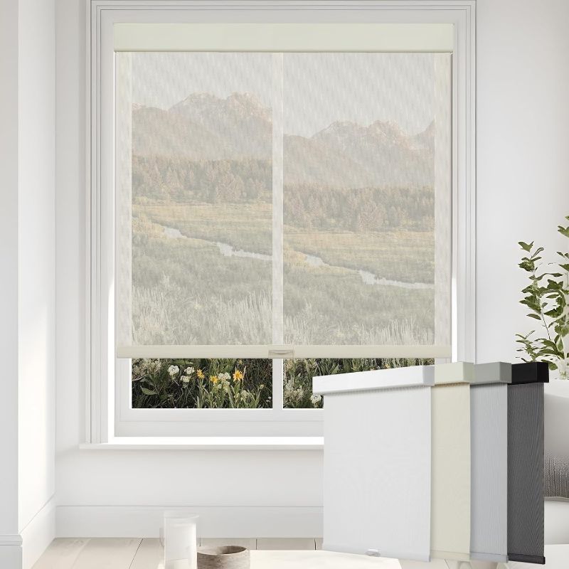Photo 1 of Persilux Free-Stop Cordless Solar Shades for Windows Roller Shades Light Filtering Window Shades (58"W x 72"H) UV Protection View Through Solar Sheer Roller Blinds for Windows Office, Doors, Beige
