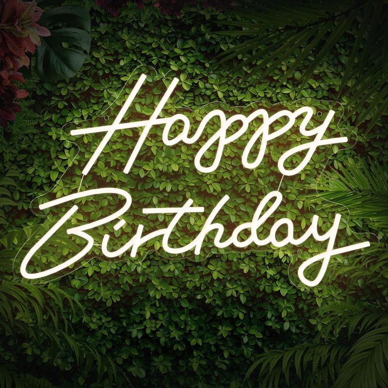 Photo 1 of Happy Birthday Neon Sign Large, 22.4 x 13.3in Happy Birthday Led Light Up Sign for Backdrop Party Wall Decor, Birthday Decorations Sign with 12V Adapter Adjustable Brightness, Warm-white L
