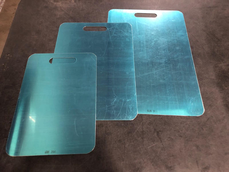 Photo 1 of Stainless Steel Cutting Board for Kitchen 304 Steel Chopping Dishwasher Safe Metal Cutting Board Set for Kitchen Meat Fruit Vegetable(3 Pcs,13.4"x9",11.8"x7.9",9.5"x6"-0.04")
