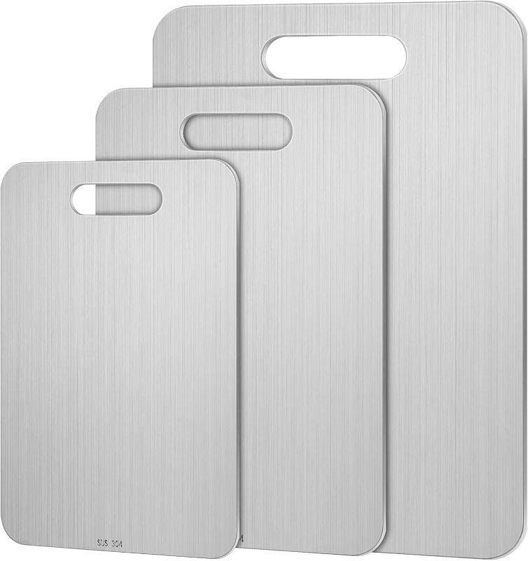 Photo 1 of Stainless Steel Cutting Board for Kitchen 304 Steel Chopping Dishwasher Safe Metal Cutting Board Set for Kitchen Meat Fruit Vegetable(3 Pcs,13.4"x9",11.8"x7.9",9.5"x6"-0.04")
