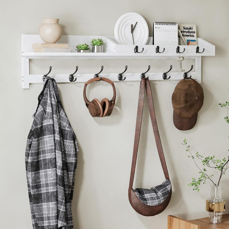 Photo 1 of AMBIRD 35 inch Coat Rack Wall Mount, Extra Long Coat Hooks Wall Mount, Entryway Shelf with 7 Dual Coat Hooks 4 Key Hooks Mail Organizer, Wooden Wall Coat Rack with Hooks, Key Holder Rack (White)
