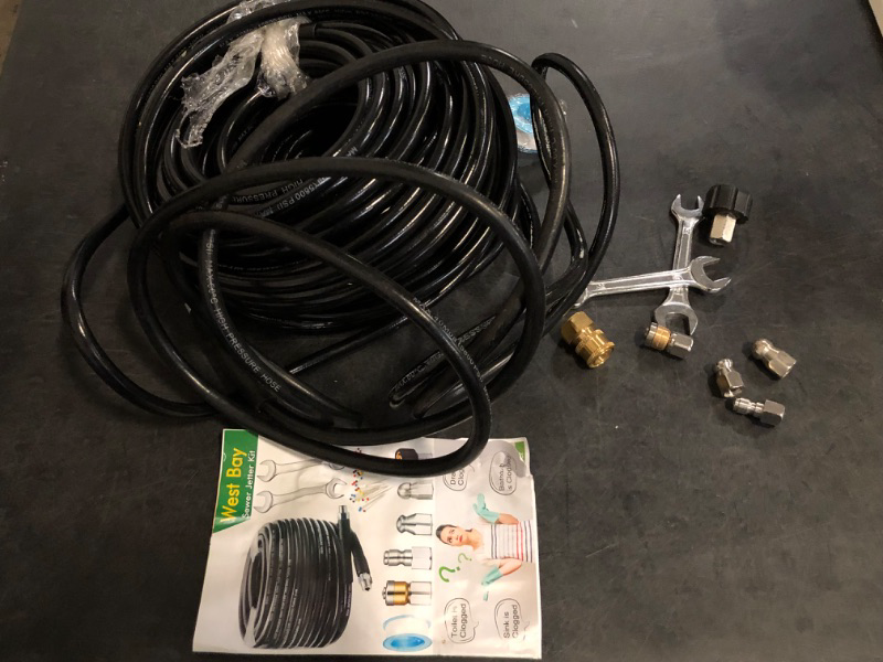 Photo 1 of WEST BAY Sewer Jetter Kit 100 FT for Pressure Washer, 5800PSI Drain Cleaner Hose 1/4 Inch NPT Corner Rotating and Button Nose Sewer Jetting Nozzle Spanner Watertight Tape Pearl Corsage Pin
