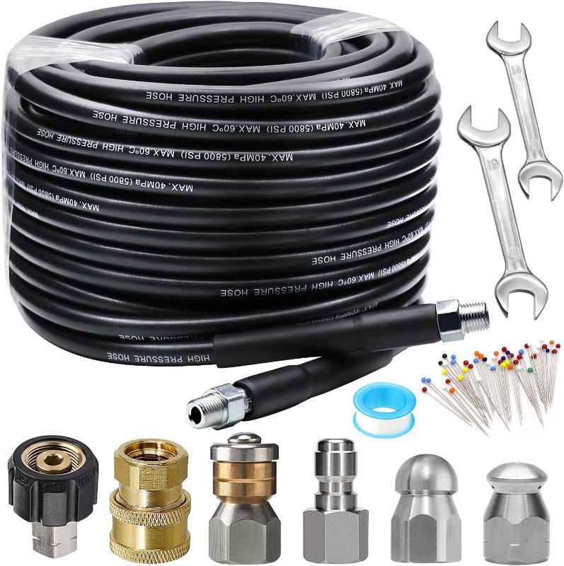 Photo 1 of WEST BAY Sewer Jetter Kit 100 FT for Pressure Washer, 5800PSI Drain Cleaner Hose 1/4 Inch NPT Corner Rotating and Button Nose Sewer Jetting Nozzle Spanner Watertight Tape Pearl Corsage Pin
