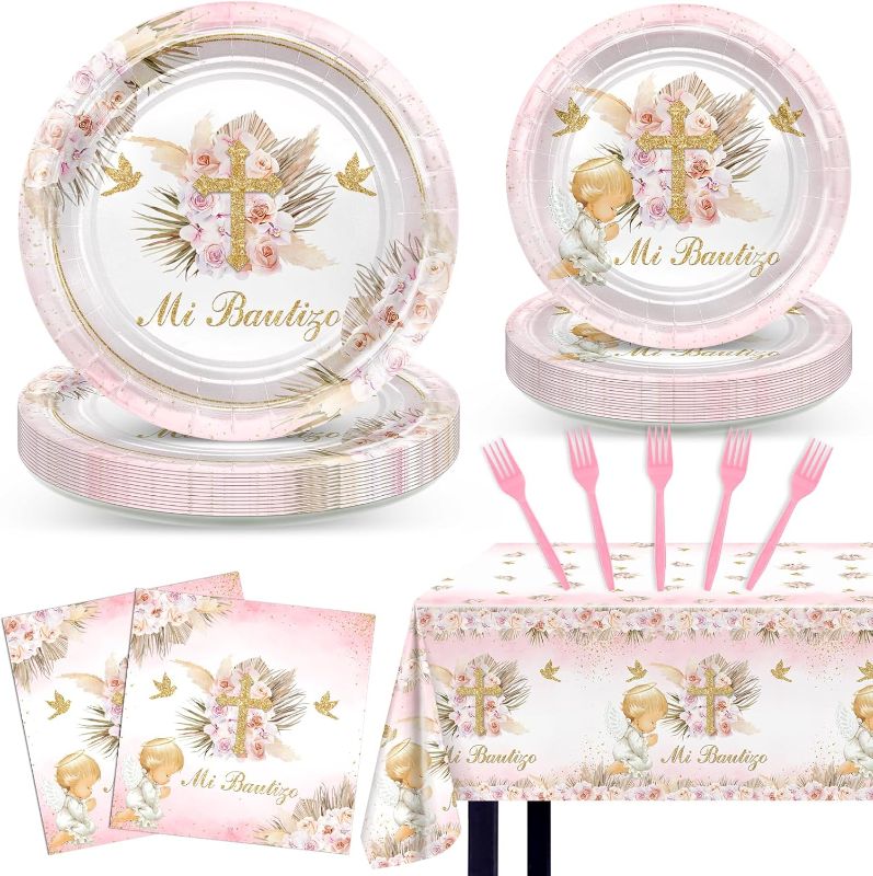 Photo 1 of Mi Bautizo Decorations for Girls 97 Pcs Pink Baptism Plates and Napkins Tablecloth Serve 24 Mi Primera First Communion Decorations God Bless Christening Party Supplies
