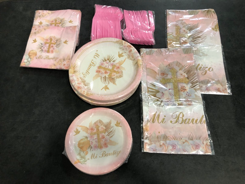 Photo 1 of Mi Bautizo Decorations for Girls 97 Pcs Pink Baptism Plates and Napkins Tablecloth Serve 24 Mi Primera First Communion Decorations God Bless Christening Party Supplies
