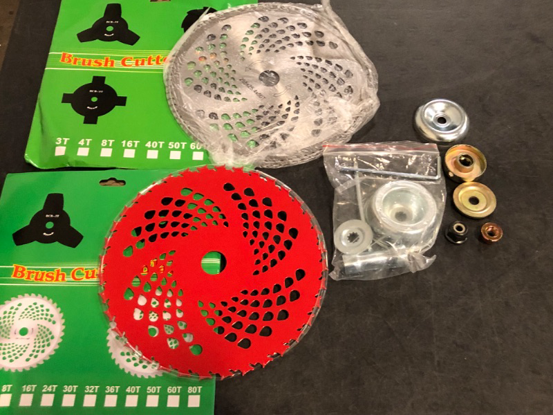 Photo 1 of 10" x 80T Carbide Tip Brush Cutter Trimmer Blades & 9" x 36 Teeth Carbide Tipped Blades with Universal Adapter Kit Compatible with Brush Cutter, Trimmer, Weed Eater, Husqvarna, Stihl, Ego
