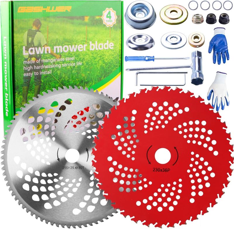 Photo 1 of 10" x 80T Carbide Tip Brush Cutter Trimmer Blades & 9" x 36 Teeth Carbide Tipped Blades with Universal Adapter Kit Compatible with Brush Cutter, Trimmer, Weed Eater, Husqvarna, Stihl, Ego
