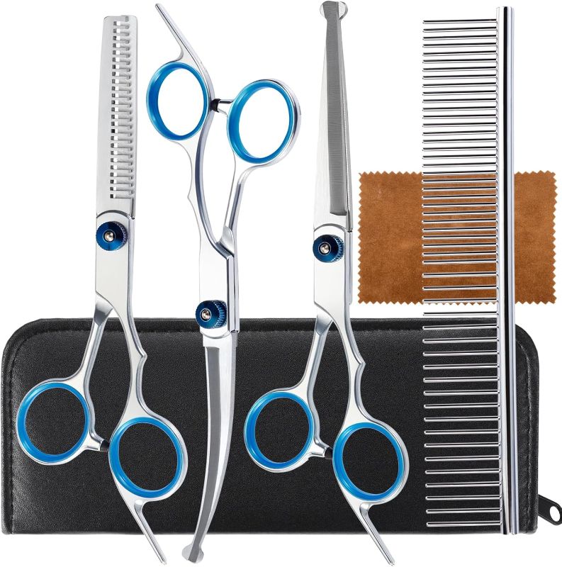 Photo 1 of 5 in 1 Premium Dog Grooming Scissors, Professional Dog Scissors for Grooming with Safety Round Tips, Lengnoyp Stainless Steel Thinning Shears, Dog Pet Cat Shears for Grooming Kit
